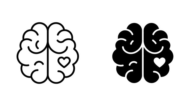 Brain icon set featuring heart symbol for mental health and love concepts.