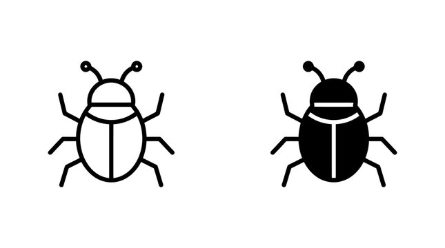 Beetle insect icons featuring outline and solid black silhouette styles for nature studies or pest identification.