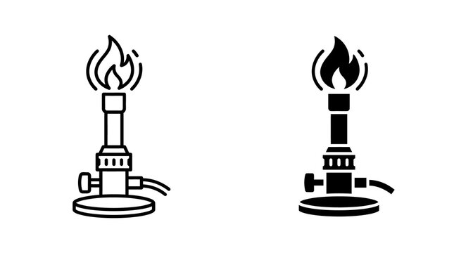 Bunsen burner laboratory equipment icons with outline and solid black styles for chemical experiments.