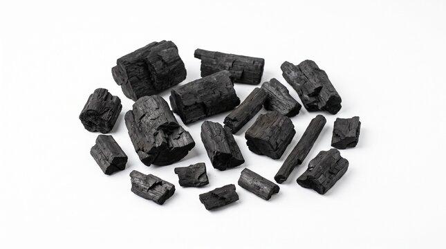 Collection of charcoals in different sizes on white surface
