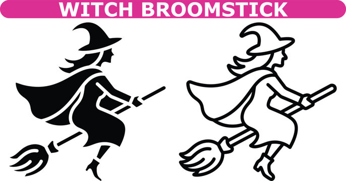 Witch flying on broomstick icon set, vector solid and outline collection of Halloween magic symbols, spooky festive characters, and fantasy flight elements for design
