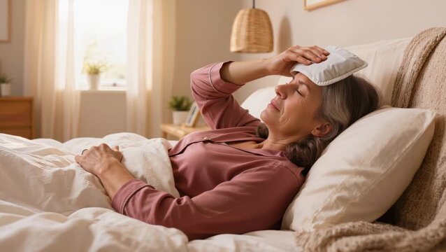 Mature Latina woman resting on her side in a softly lit bedroom with a reusable cold compress against her forehead, expressing mild headache discomfort and fatigue.