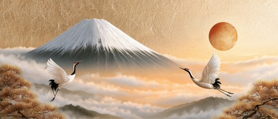 Fototapeta premium Mount fuji with cranes ascending through cloud and pine
