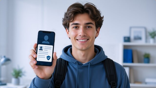 A young man wearing a blue hoodie and backpack smiles while holding a smartphone displaying a digital ID card inside a modern home setting.. Digital public services