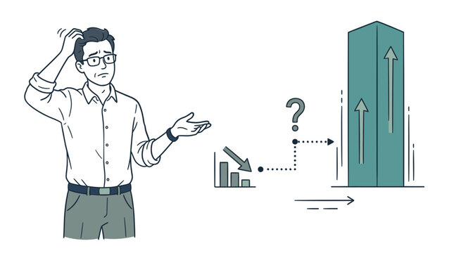 Confused businessman looking at a downward graph while contemplating upward business growth.