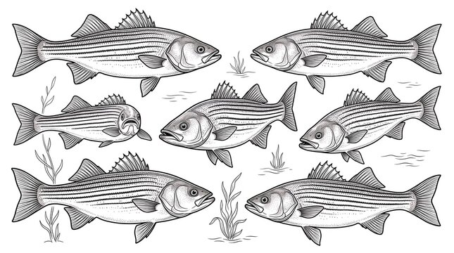 Vintage striped bass fish illustration set, hand drawn aquatic wildlife sketches, black and white nautical line art collection for seafood branding