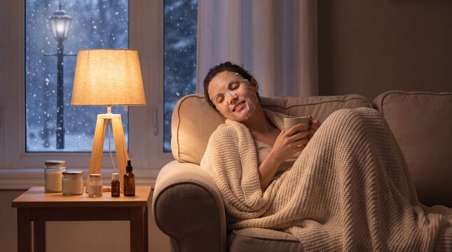 Woman Relaxing With Hydrating Face Mask On Sofa For Cozy Winter Skincare And Evening Self Care