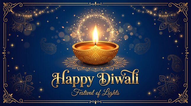 Happy Diwali greeting card with glowing diya oil lamp, elegant blue background with gold ornaments, festive Indian festival of lights celebration banner