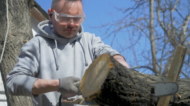Man uses electric saw to cut thick branch in rural garden. Concept of lumberjack skill, logging practice, timber preparation, rustic land care and seasonal wood resource management
