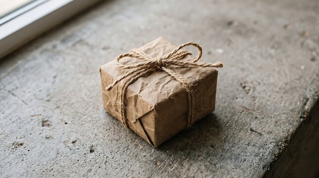 Rustic brown paper gift box with twine bow, eco-friendly small parcel on concrete background, minimalist sustainable packaging for holiday gifts