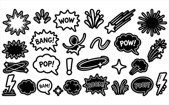 Comic book speech bubbles and explosion effects in bold black and white outline style.