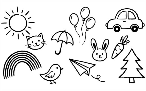 Cute hand drawn black and white doodle icons featuring animals nature and toys.