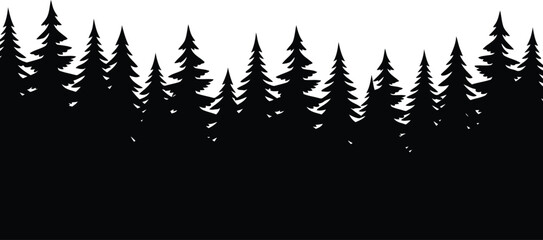 Horizontal border silhouette of a dense coniferous pine forest with tall evergreen trees isolated on a white background, for nature and landscape © Asadul46