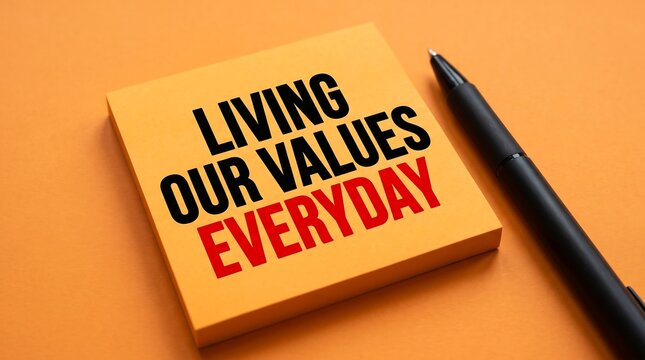 Living Our Values Everyday inspirational text on sticky note, corporate culture and core values concept, motivational business message on orange background