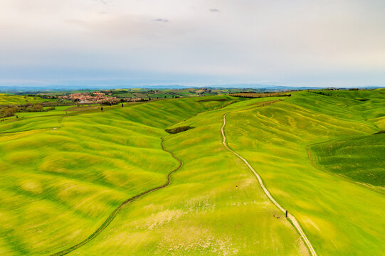 Aerial view of rolling green hills of the Tuscan countryside with a winding dirt path and a distant village under a soft cloudy sky in Tuscany, Italy.