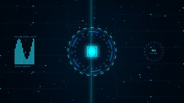 Futuristic HUD Digital Interface with Central CPU Processor and Data Bandwidth Monitoring System