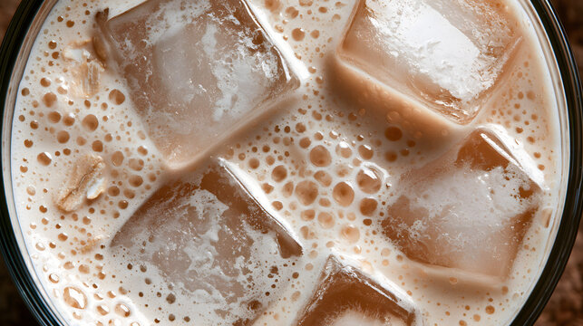 macro top-down view of proteic shake with oat and ice cubes texture background