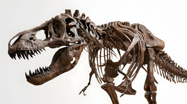 Tyrannosaurus Rex skeleton hangs in museum. Prehistoric reptile fossil shows on white background. Ancient animal bone structure inspires science education and biotech research