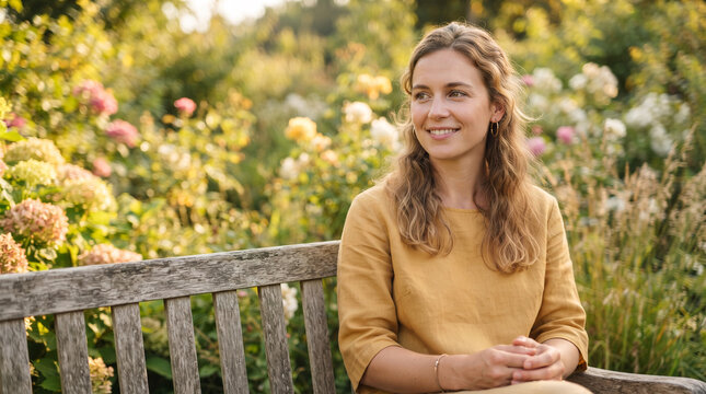 Woman sitting on garden bench smiling in natural sunlight surrounded by flowers