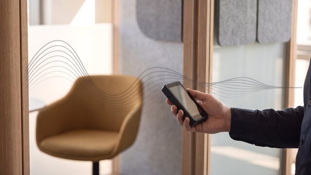 Hand holding smartphone near glass office partition with digital sound wave overlay illustrating wireless signal transmission in modern workspace