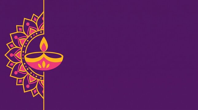 Happy Diwali minimalist flat vector banner. Traditional diya lamp and half mandala with text space.