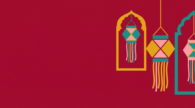Deepavali festive flyer backdrop. Flat vector Indian arches and hanging kandil lanterns with massive copy space.