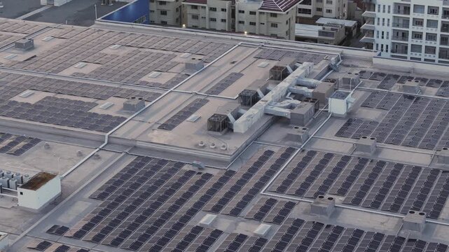 Aerial view of solar panels on a rooftop in Dominican Republic.