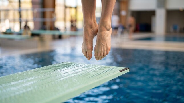 Professional Athlete Jumping from a Diving Board into a Clear Blue Indoor Swimming Pool