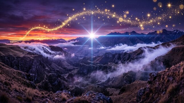 Magical Star and Glowing Dust Trail Illuminating a Mountain Valley Landscape at Sunset
