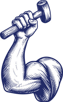 Strong arm with hammer vintage sketch style graphic symbol representing hard work and power for industrial art.