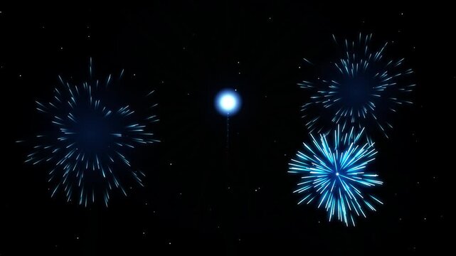Close-up of blue fireworks exploding motion video in night sky with dark background
