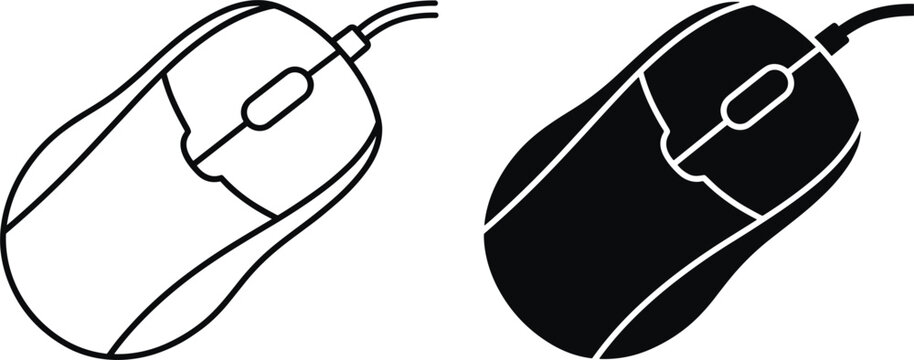 Computer mouse icon set featuring wired hardware outline and solid silhouette styles for desktop workstation peripheral layout