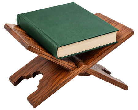 Closed green hardcover book resting on a carved wooden folding book stand isolated on a transparent background
