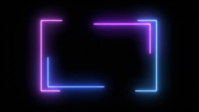 Abstract neon light frame motion video, glowing purple and blue lines on black background