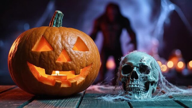 Carved pumpkin with skull decoration in dimly