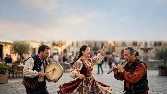 Traditional Folk Musicians and Dancer Performing in Lively Historic Public Square Festival