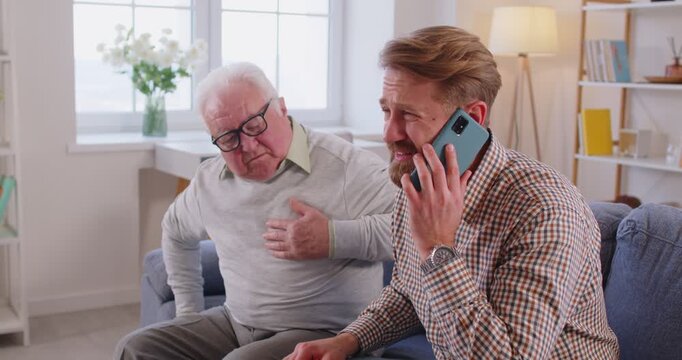 Senior at home having heart attack, suffering from chest pain, young man calling to doctor for help, old person with cardiovascular disease in need of emergency ambulance, having accident, urgent 