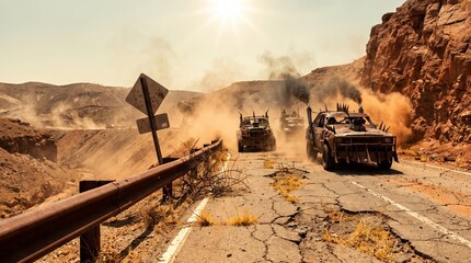 Obraz premium Armored vehicles thunder across cracked desert highway