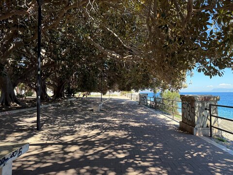 28 April 2026 Italy, Sicily, Messina, Passeggiata a Mare, Piazzale Batteria Masotto at Viale della Libert&agrave; - waterfront promenade panoramic view of Strait of Mainland