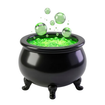 Witch cauldron 3D render with bubbling green potion against white background for Halloween celebration, magic spell brew, toxic chemical liquid, and fantasy game asset