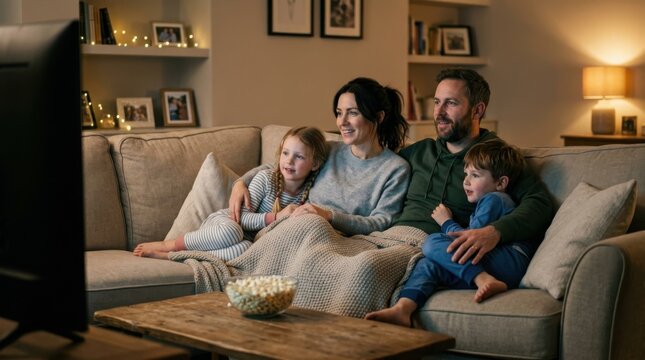 Family enjoying movie night watching television together on the couch with popcorn