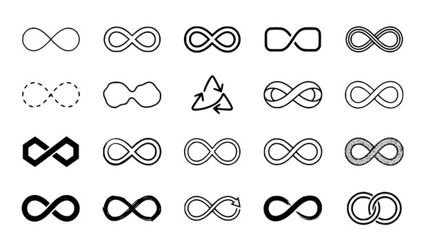 Infinity Symbol Vector Icon Set with Different Black Outline Styles for Endless Loop and Repetition