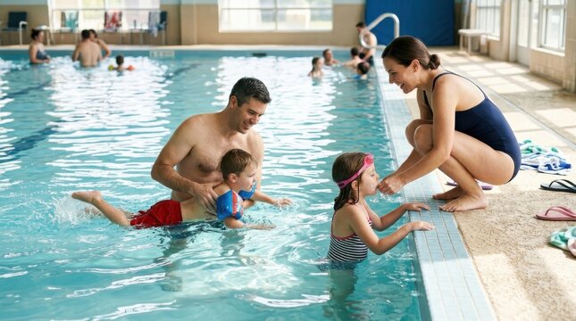 Family enjoying swimming lesson at indoor pool with father and mother teaching children