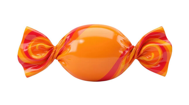 Wrapped candy in glossy orange and red striped wrapper, sweet confectionery treat for party celebration and Halloween isolated on white background