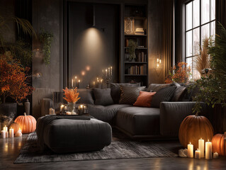 Fototapeta premium Photorealistic cozy modern living room decorated subtly for Halloween with pumpkins, candles and autumn foliage, warm lighting, sophisticated commercial interior photography, no people