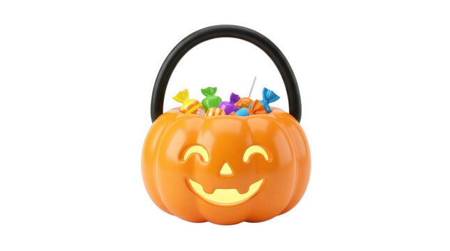 Halloween pumpkin basket filled with colorful sweet candy isolated on white background for trick or treat celebration, autumn party, holiday treat, and autumn festival concept