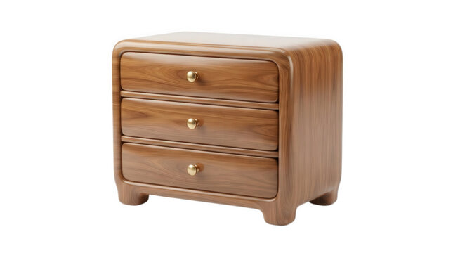 Wooden nightstand bedside table with three drawers and gold handles isolated on white background for home bedroom interior