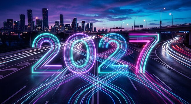 Vibrant Cyberpunk City Skyline at Night with Neon 2027 Typography