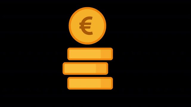 Animated euro coin stack graphic showing a euro coin above layered currency bars on a transparent background. Six-second motion graphic for savings, wealth, finance, and business content.