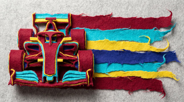 Colorful felt F1 car model with abstract stripes on a textured background  